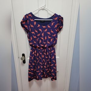 Dress, women's size small, Peach Love brand, navy blue w/red dinosaur pattern